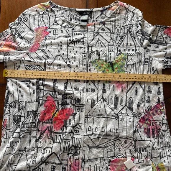 Ali Miles Womens L Tunic Top Butterfly Cityscape Print 3/4 Sleeve Art to Wear - Picture 6 of 8